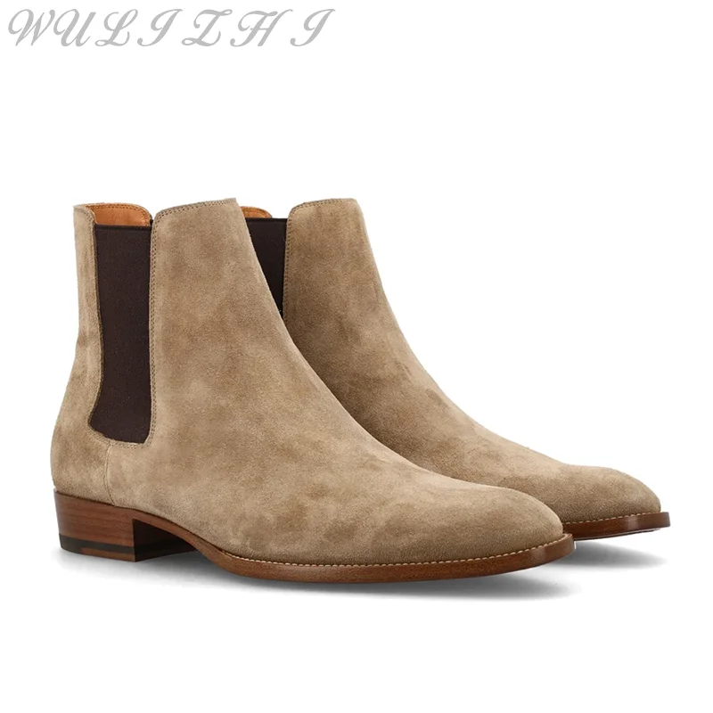 Camel Roman Chelsea Men\'s Boots Casual Elastic Strap Slip On Western Boots for Men Suede Leather Classic Short Boots Autumn