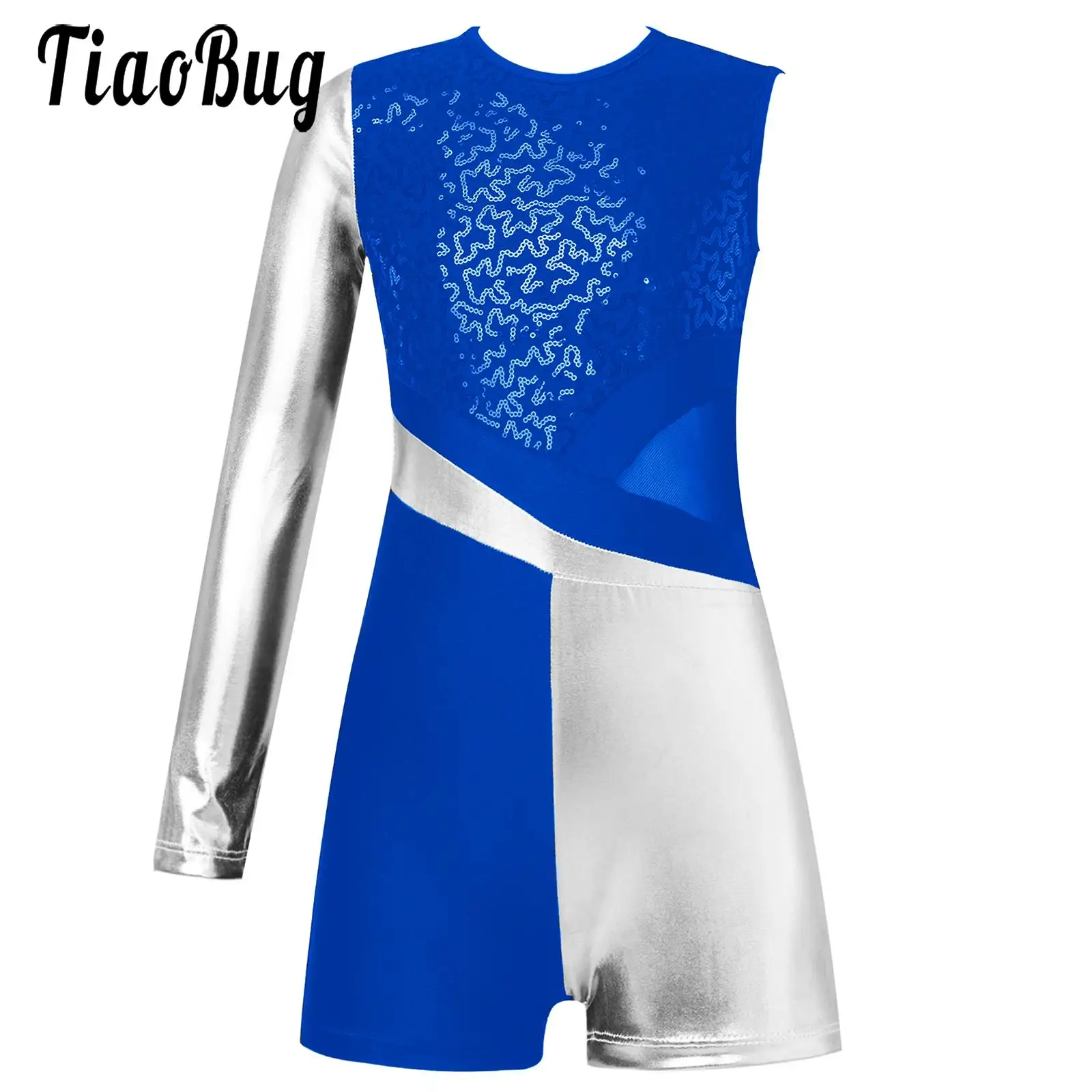 

Kids Girls Sequins Bodysuit Dance Metallic Gymnastics Leotard One Shoulder Long Sleeve Short Biketard Unitard Jumpsuit Dancewear