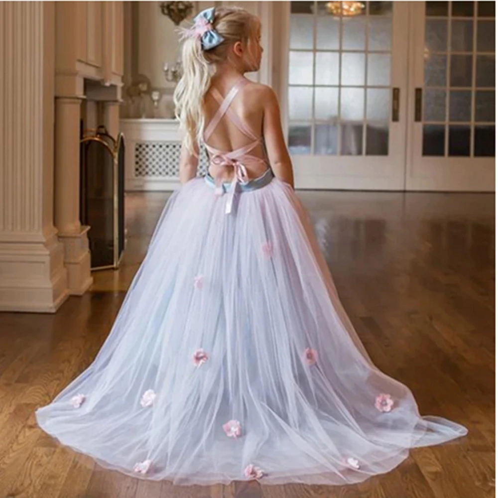 

Tulle Sling Leaky Back Printing Exquisite Princess Flower Girl Dress Wedding Party Ball First Communion Dresses Dream Kids Gift