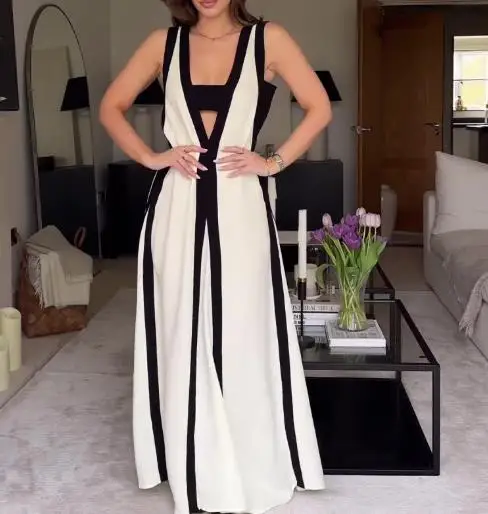 

Summer 2025 Sexy V-Neck Wide Shoulder Strap Contrasting Casual Dress for Women, Fashionable and Sexy A-Line Sleeveless Dress