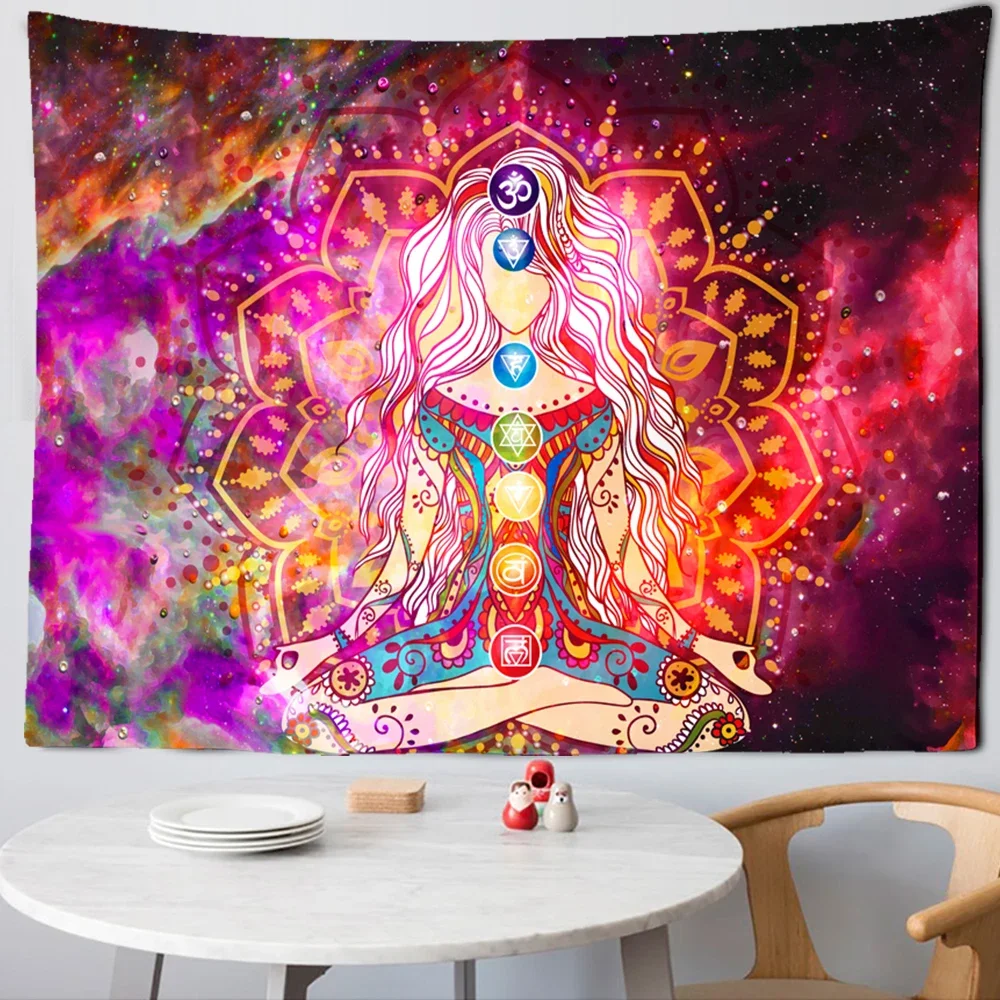 Indian Buddha Statue Meditation 7 Chakra Tapestry Wall Hanging Mandala Tapestries Wall Cloth Psychedelic Yoga Wall Hanging