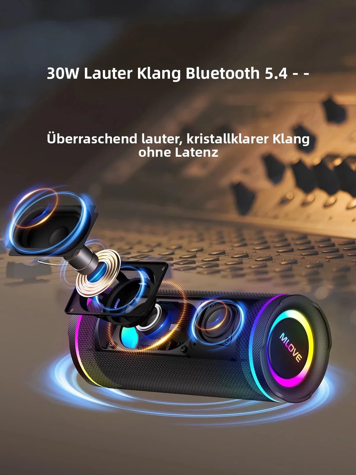MLOVE E80 Tragbarer Bluetooth-Lautsprecher – Leistungsstarker Dual-Sound, Farbenfrohe RGB-Beleuchtung, Vollständig wasserdicht (IPX7), TWS-fähig – Bild 4