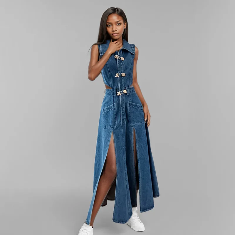 WTHT 2025 Spring Fashion Women's Waist Hollow Out Denim Long Dress Trendy Lapel Sleeveless Split Dresses Female 1LS813