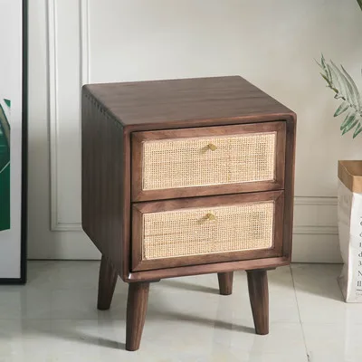 Solid wood bedside table Nordic storage locker bedroom bedside rattan bedside table