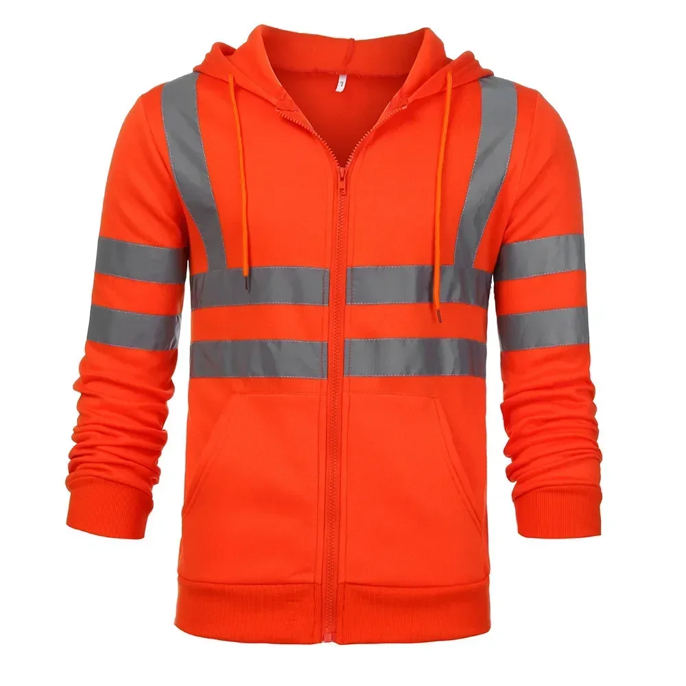 Men's Hi Vis Orange Fleece jacket Hoodied Sweatshirt Pullover With Reflective Tripes Working Clothes