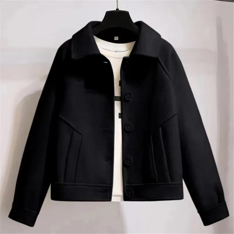 Spring Autumn Short Woolen Coat Women 2023 New Fashion Loose Turndown Collar Jacket Pure Colour Single-Breasted Outerwear Female