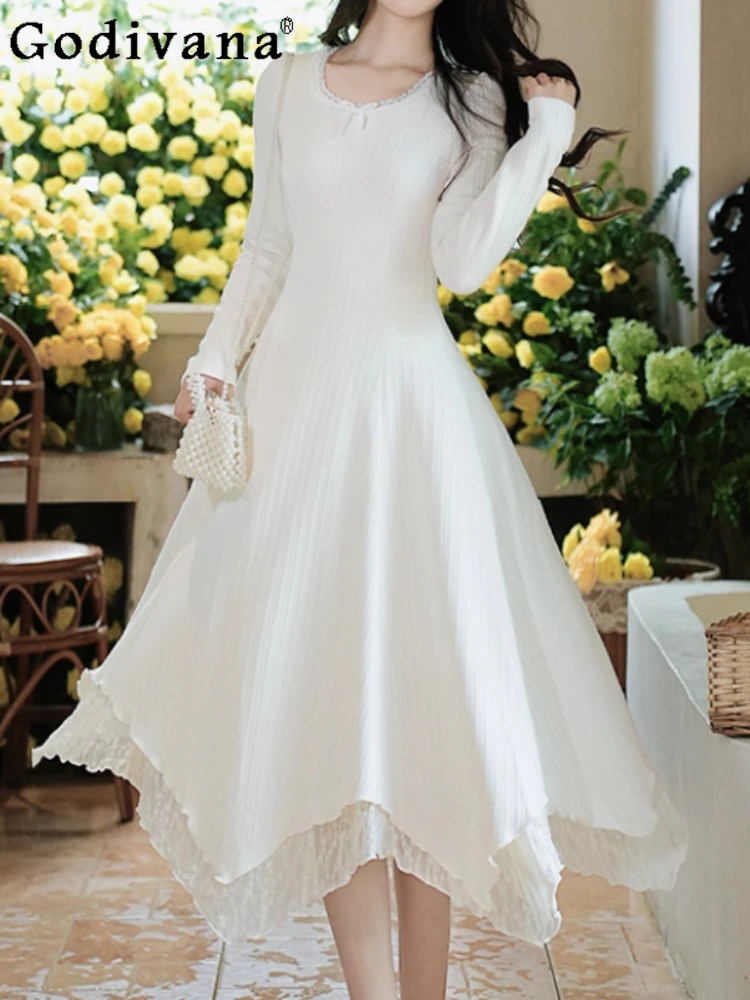 

Women Fall Winter French White Crew Neck Knit Long Sleeve Slim Bottom Dress Beautiful High Waist A-line Irregular Korean Dresses