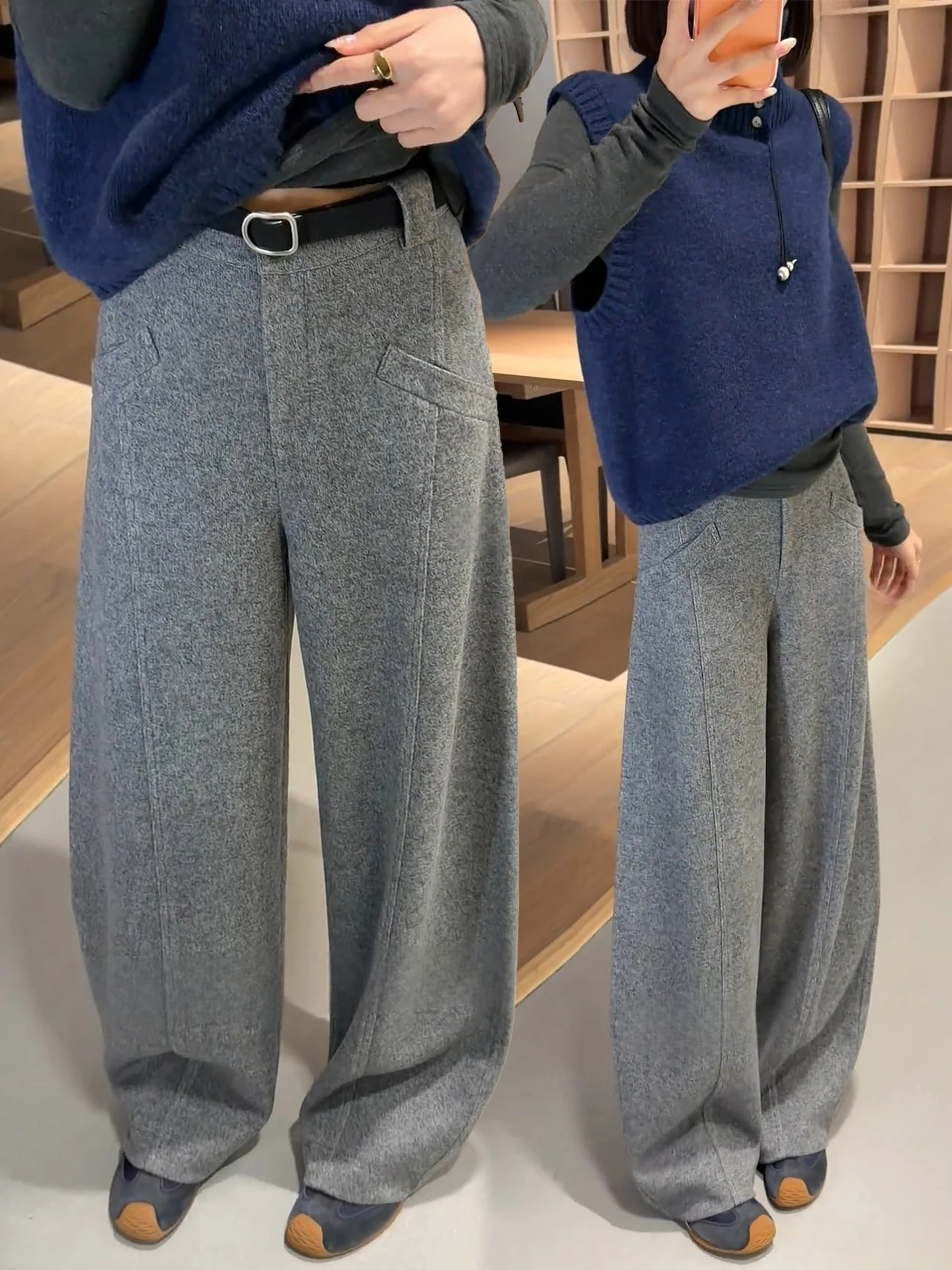 

Широкие брюки-бананы из ацетатной шерсти для женщин: повседневные, осенне-зимние, новая модель, с высокой талией, струящиеся, комфортные, дышащие