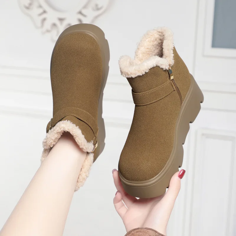 

All Match Retro Comfortable Flock Suede Snow Boots Women's Winter Shoes 2025 Thick Bottom Flat Fur Ankle Boots for Office Mom