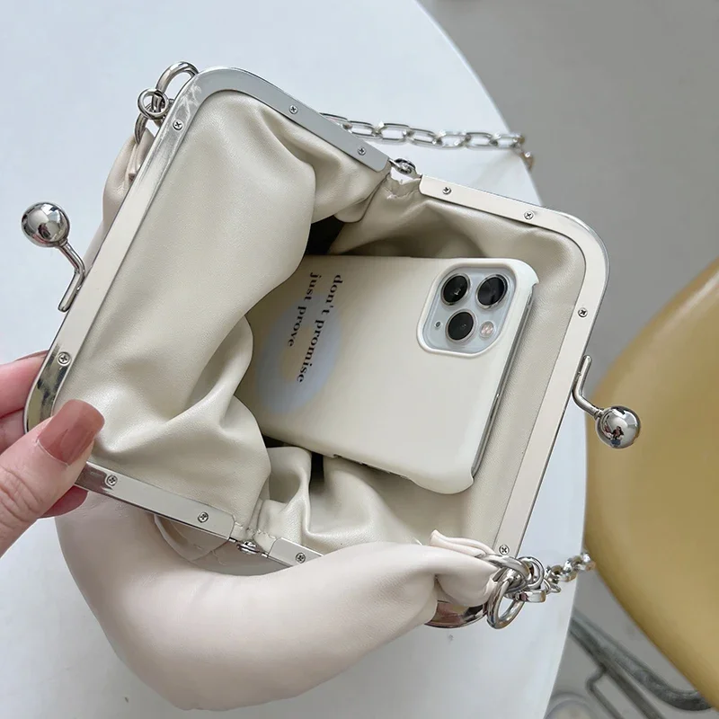 Fashion Women Clip Handbag Vintage Kiss Lock Chain Crossbody Bag Korean Style Female Messenger Shoulder Bags Solid Phone Bag