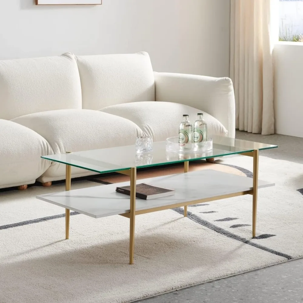 202206 Tadio Glass Coffee Table, Double Layer Coffee Table for Living Space, Gold Finish Frmae, Coffee Brown Glass