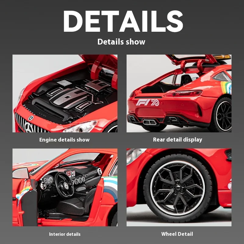 1:24 Mercedes Benz GTR AMG Veiligheidsauto Legering Supercar Diecast Model Geluid en licht Trek speelgoed Trendy ornament Cadeau voor kinderen