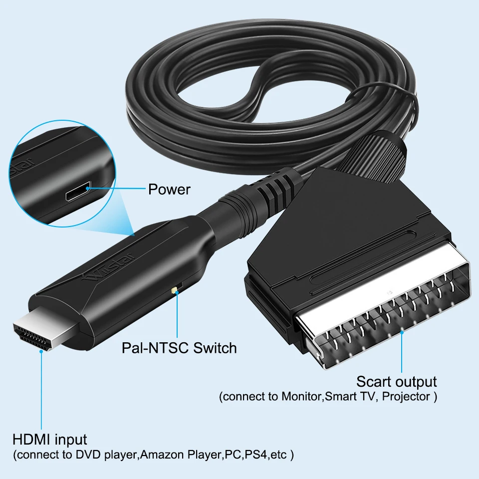 1080P SCART TO HDMI Video Audio Upscale Converter AV Signal HDMI TO SCART Adapter HD Receiver TV DVD with USB Power Cable