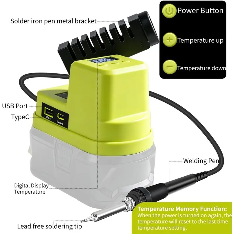 A02F-Portable 60W Cordless Soldering Station Compatible For RYOBI 18V Battery Electric Soldering Iron Featuring USB& Type C