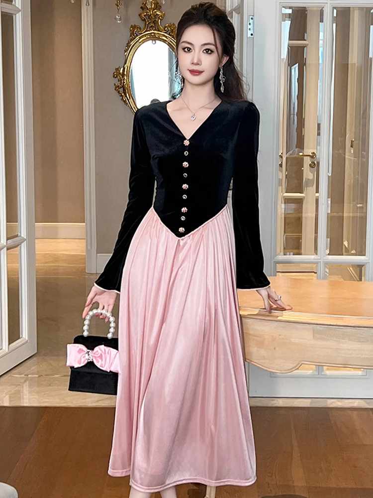 

Celebrity Retro Fake 2 Piece Dress Women Elegant Sweet Black Pink Patchwork Single Breasted Pleated Robe Female Party Vestidos