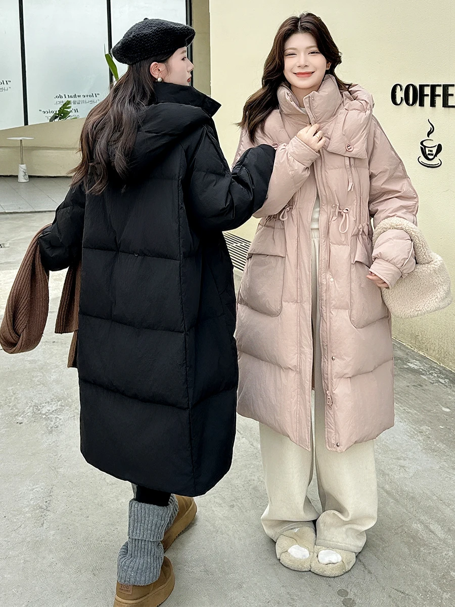 

Модное белое пуховое пальто-пуховик женское длинное ниже колена с капюшоном, универсальное, зимнее, новинка 2025 года