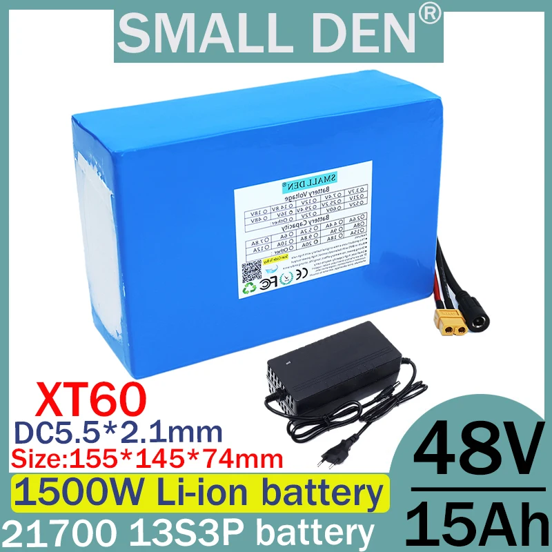 New 48V 15ah 13S3P 21700 lithium battery with built-in Bms 0-1500W high-power electric tool motor, high-quality+2A charger