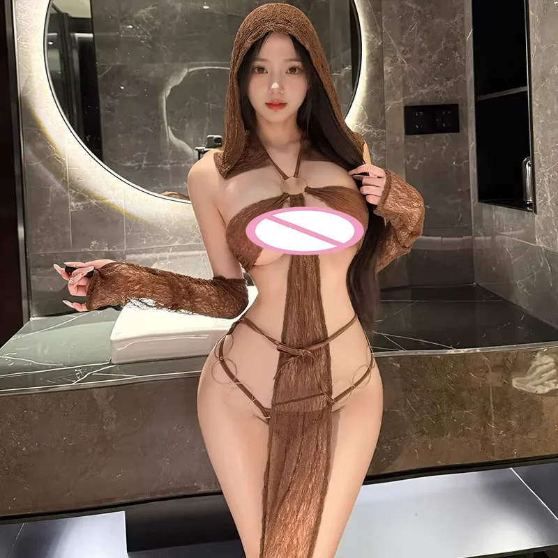 Egyptian Desert Queen Uniform Sexy Lingerie Wilderness Coffee Color Hooded Dress Pajamas Temptation Anime Outfit Costume Cosplay - view 2