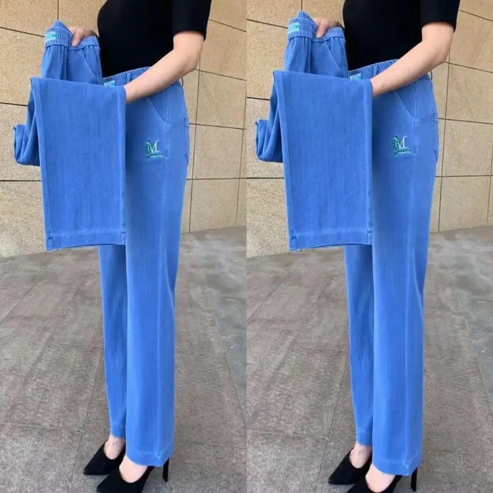 

Summer Thin Denim Jeans Women's High Waist Elastic Slim Ice Silk Straight Leg Long Pants Korean Style Commute Fashion