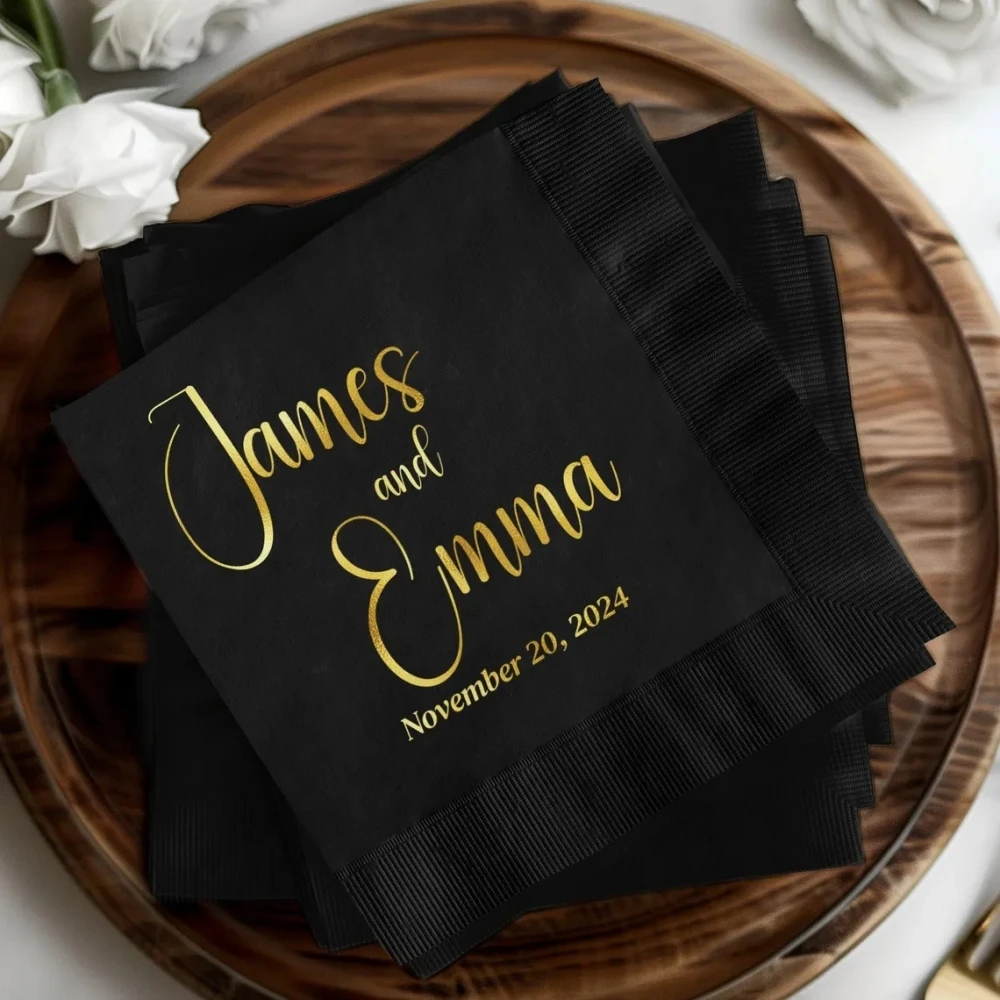 Custom Wedding Napkins With Text, Personalized Cocktail Napkins, Monogrammed Wedding Napkins, Foil Stamped Gold,Rehearsal Dinner