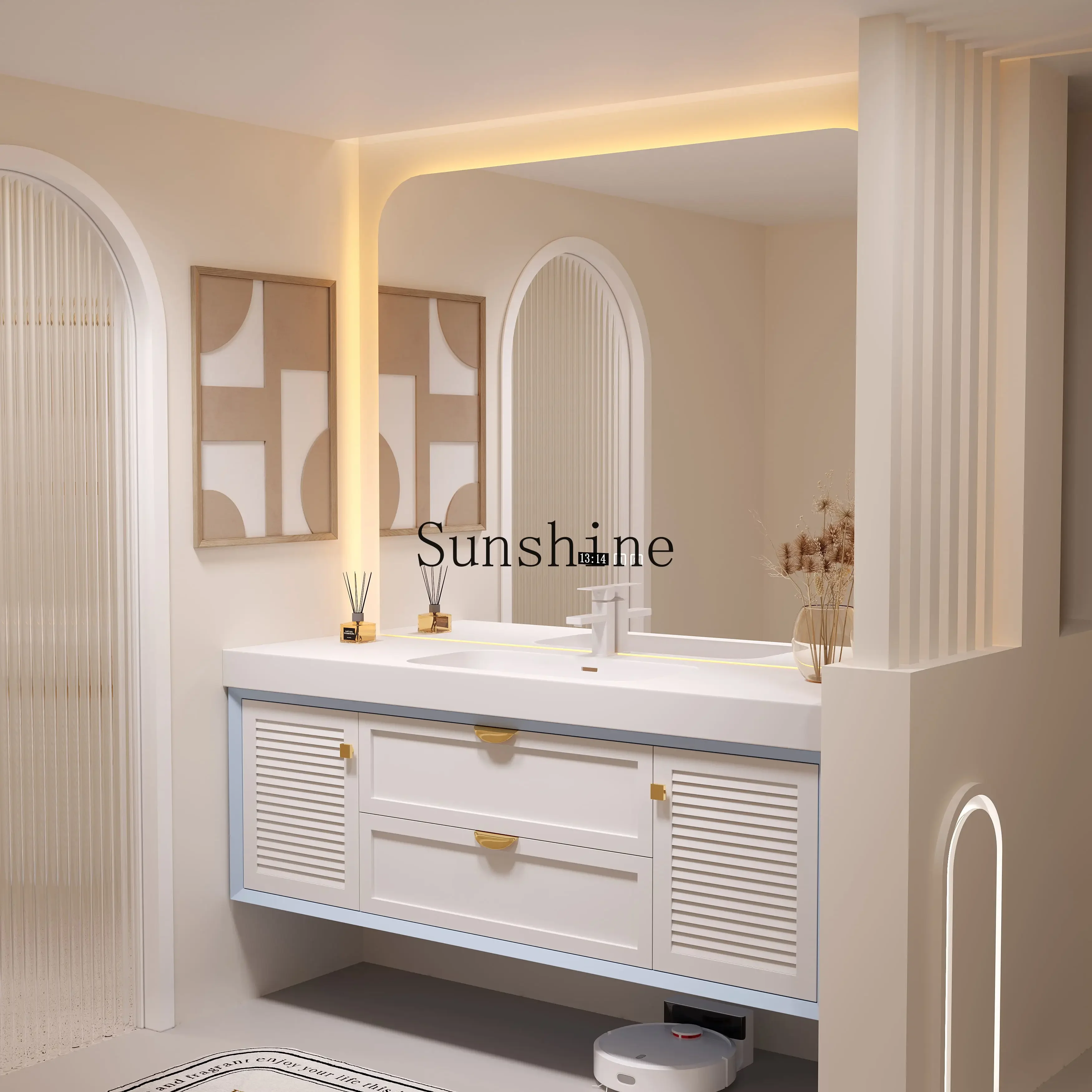 

American oak bathroom cabinet, light luxury washstand, new seamless basin, simple and modern FT