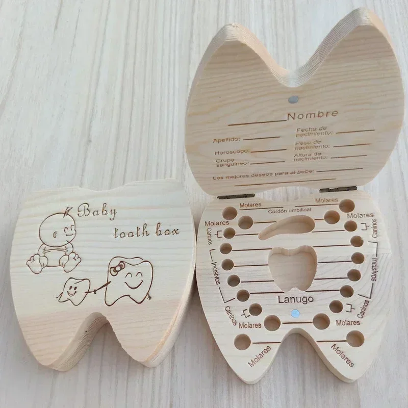 Baby Tooth Box English/Russian/French /Spanish Wooden Milk Teeth Organizer Storage Boys Girls Baby Souvenirs Gift