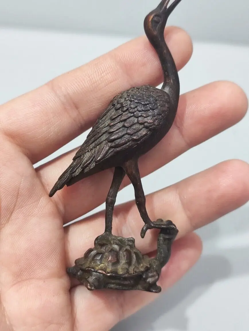 Chinese Old Antique Bronze Red-Crowned Crane Turtle Statue Netsuke