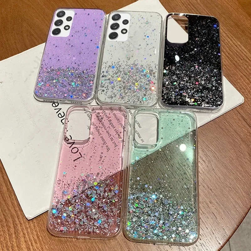 Clear Glitter Epoxy Phone Case For Samsung Galaxy S23 S22 S21 A53 A52 A32 Soft Cover