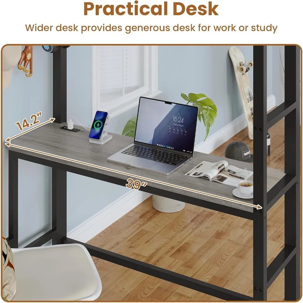 Twin Loft Bed with Desk & 8 Storage Drawers Tall Dresser, Black Metal Loft Bed with LED Lights & Charging Station, 2-Tier