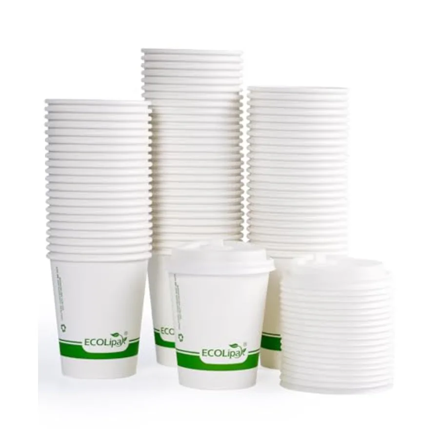 

200 штук компостируемых бумажных кофейных стаканов, биоразлагаемые одноразовые стаканы для кофе с крышкой из CPLA, экологичные стаканы для горячих напитков