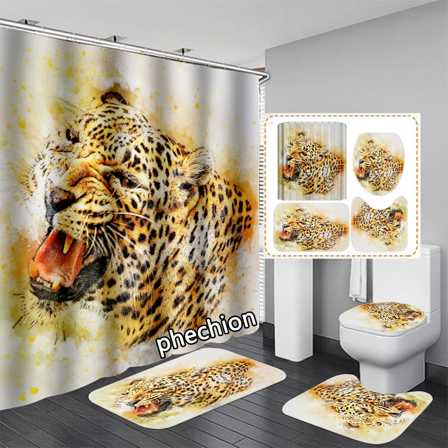 phechion New Fashion 3D Print Animal Leopard Shower Curtain Waterproof Bathroom Curtain Anti-slip Bath Mat Set Toilet Rugs VR263