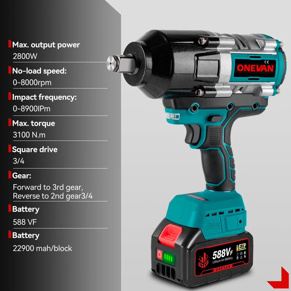 ONEVAN 3100N.M Brushless ประแจผลกระทบไฟฟ้า 3/4 นิ้วไร้สายประแจแรงบิดแบตเตอรี่ลิเธียมไอออนเครื่องมือสําหรับ 21V 18v แบตเตอรี่