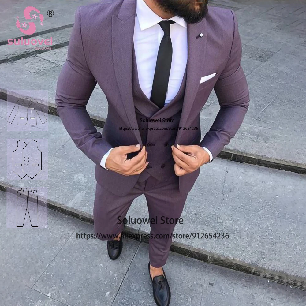 

Classic Elegant Suits For Men Slim Fit 3 Piece Pants Set Formal Groom Wedding Party Peaked Lapel Tuxedo Traje De Hombre Elegante