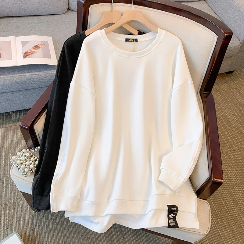 

Plus-size women's spring casual terylene cotton hoodie fake two personalized design zipper double-layer sleeve commuter top