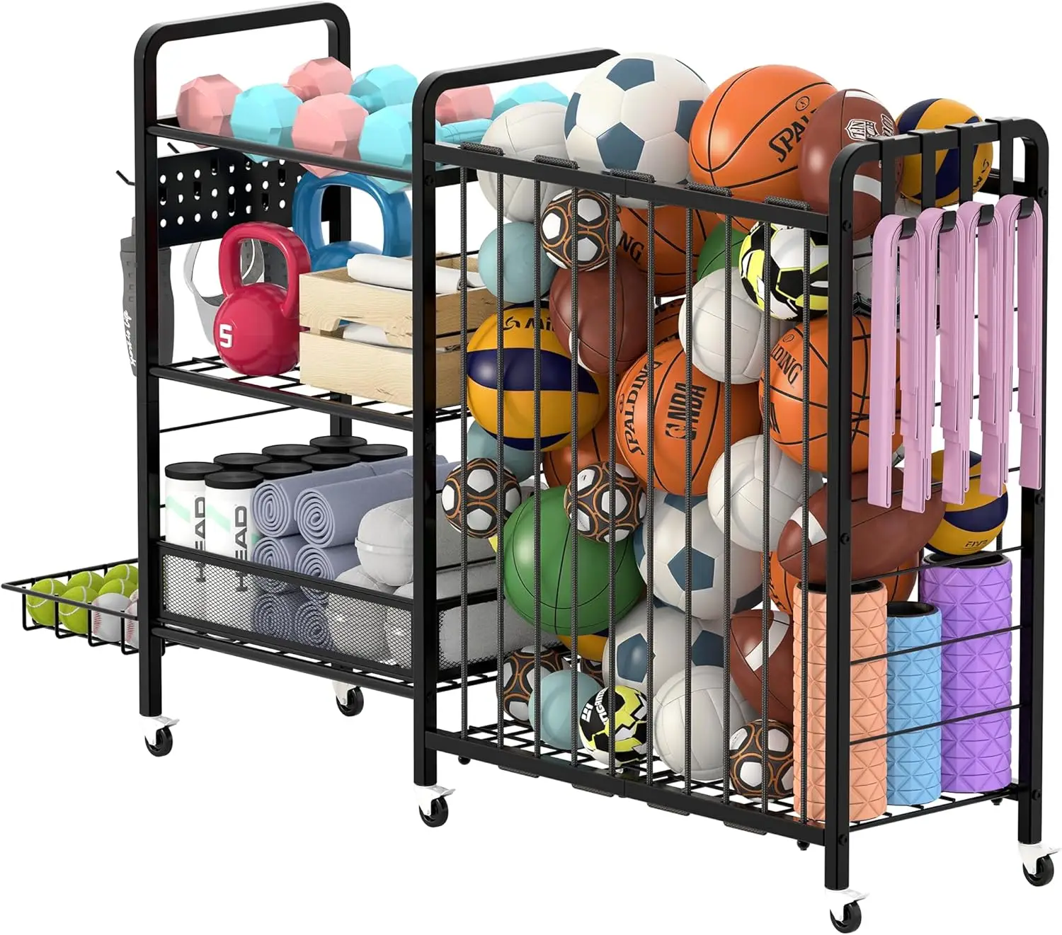 Sports Equipment Garage Organizer,Garage Ball Storage Rack for Sports with Wheels-Upgraded 3 Layers Organizer Rack Outdoor Baske
