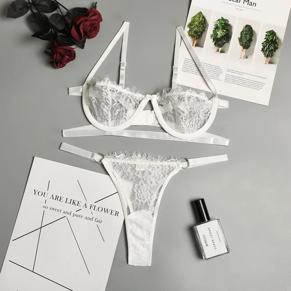 Sexy Dessous Frau Spitze transparente Unterwäsche Fee Stickerei kurze Sets zarte BH-Kit Push-up-Breves setzt dünne erotische BHs