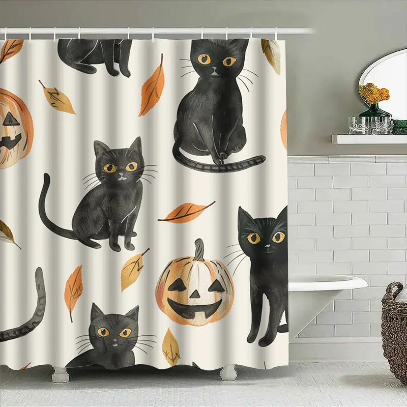 

1PCHalloween Cat Pumpkin Shower Curtain Waterproof Bathroom Decor 150x180cm