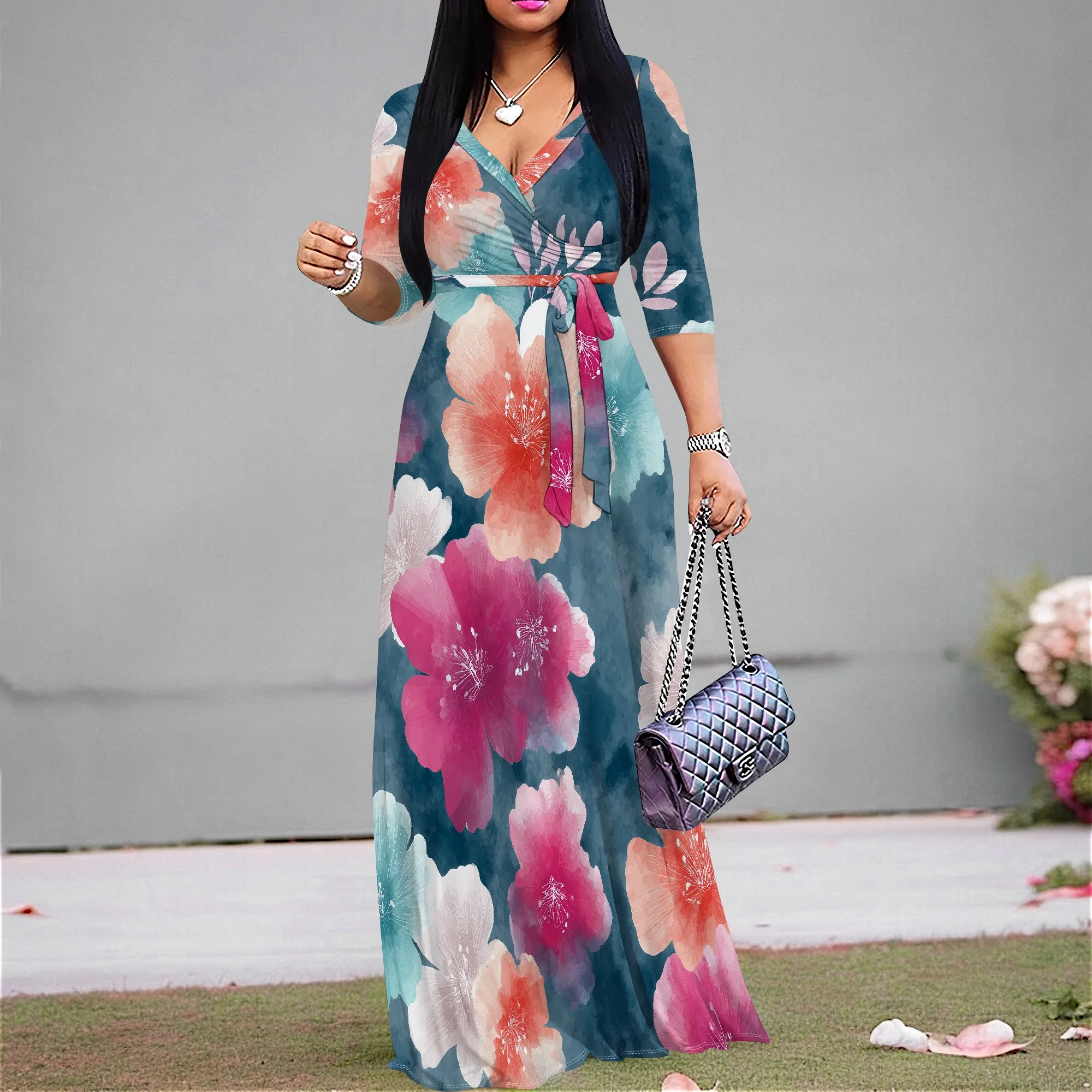 

Watercolor Floral Wrap Maxi Dress S-3XL V-Neck Long Sleeve Tie Waist Style for Spring Wedding, Garden Party or Church Look