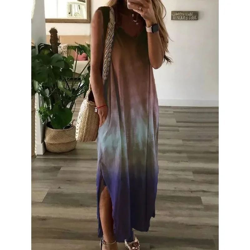 Summer Women\'s  Fashionable Women\'s Gradient Tie Dyed Printed Split Long Dress Casual V-neck Sleeveless Loose Long Dress