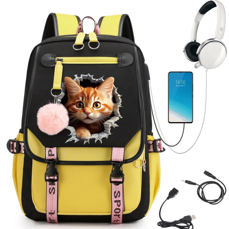 Kawaii Katze drucken Rucksack Kinder Schult aschen für Mädchen Schul rucksack Tasche wasserdichte Grundschule Schult asche Bücher tasche USB Mochila