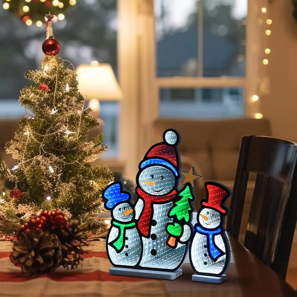 Christmas 2PCS Snowman 3D Infinity Mirror Tunnel Light Wall Decor for Christmas Party Bedroom Business Store Window Home