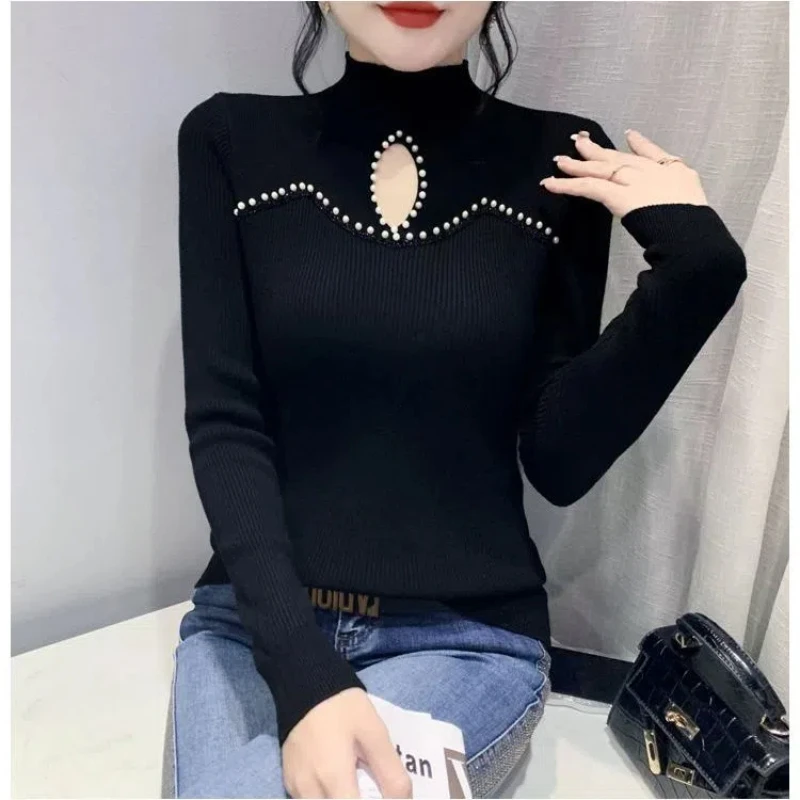 Women\'s Base Shirt Sexy Half High Neck Pearl Knit Sweater Korean Version Hollowed Out Sweater with New Top Underneath