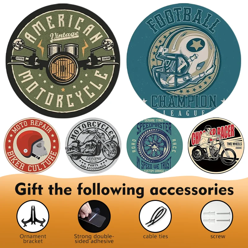 

Vintage American Motorcycles Parts Poster Old School Motorcycle Round Metal Plaque Signs For Bar Cafe Garage Club Pub Wall Decor