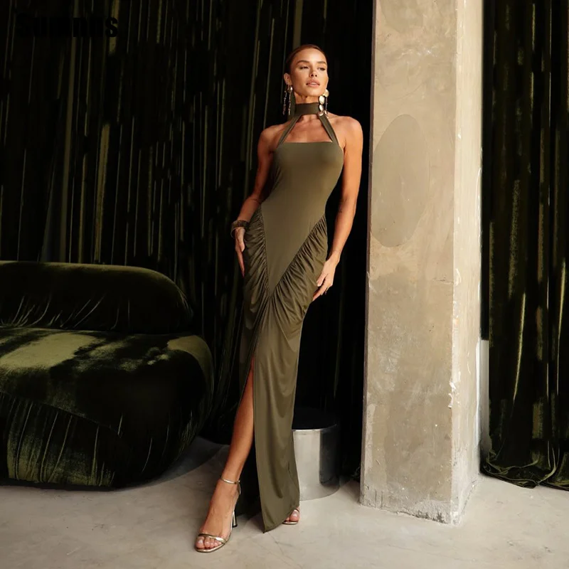 

Sumnus Simple Mermaid Prom Dress Halter Pleats Side Slit Sleeveless Maxi Satin Formal Evening Dress vestidos Gala Customized