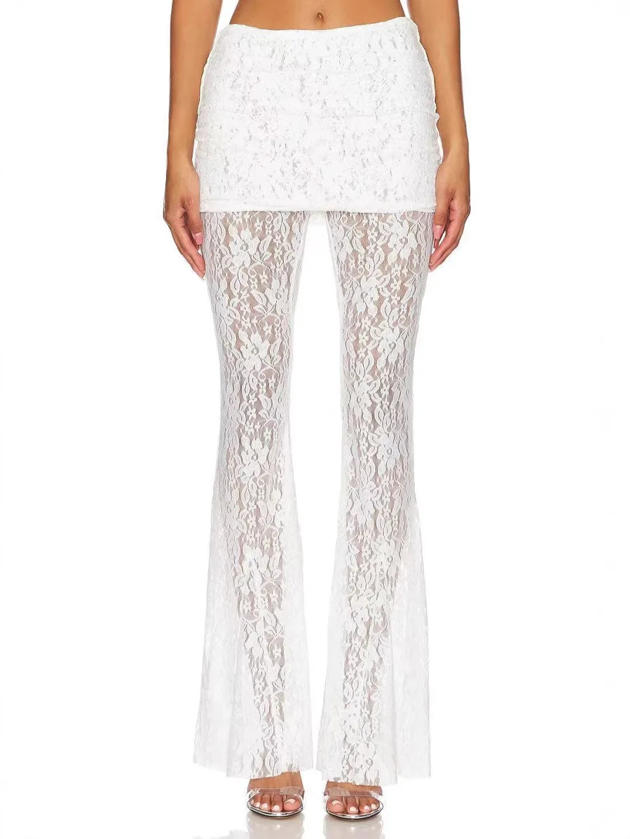 

Женские модные кружевные расклешенные брюки весна-лето в европейском и американском стиле, повседневные, сексуальные, с высокой талией, с вырезами