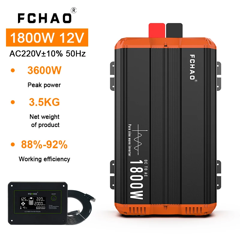 1800W Power Inverter DC 12V to AC 110V 230V Voltage Converter with EU Socket LCD Display for RV Car Home Appliances for FCHAO view 2