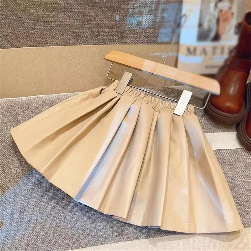 Children\'s Girls Pu Leather Skirt Little Princess Pleated Leather Short Skirt Children Waist Skirt Half Pleated Skirt