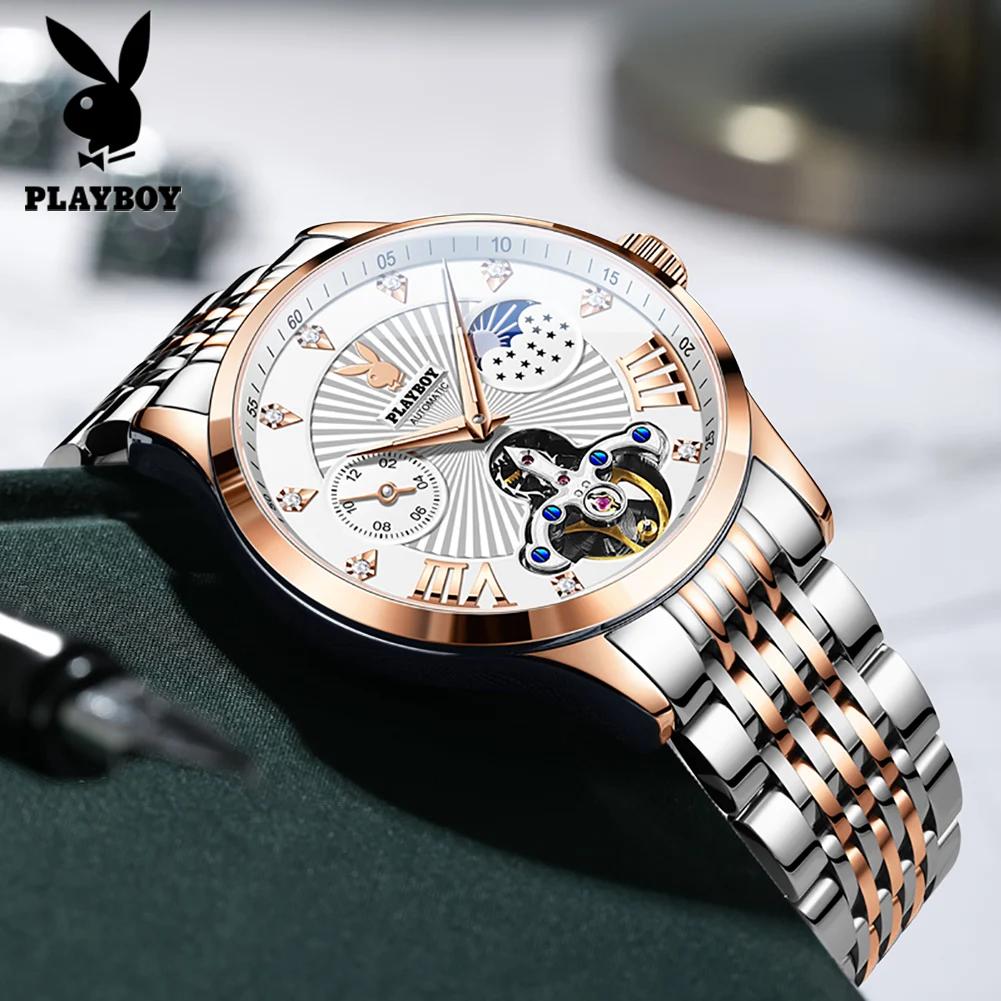 PLAYBOY 3022 Watches Man Multi-functional Skeleton Automatic Mechanical Watch Moon Phase Waterproof Business Casual Male Watches