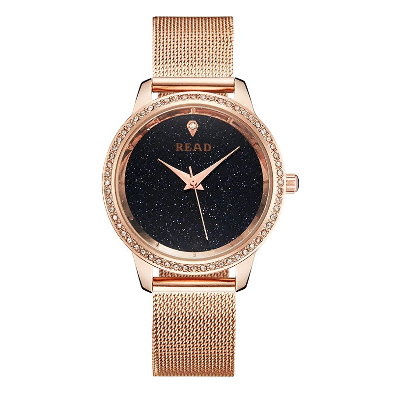READ Women Quartz Watch | Starry Glitter Dial | Rose‑Tone Stainless Steel Mesh Band | Daily Water Resistant