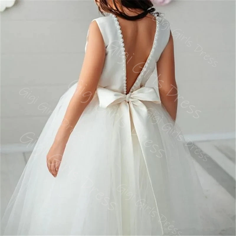 فستان حفلات للفتيات باللون الأسود برقبة سكوب مفتوح الظهر فستان فتاة الزهور لحفلات الزفاف مع اللؤلؤ مخصص للأطفال فساتين التواصل الأول #4